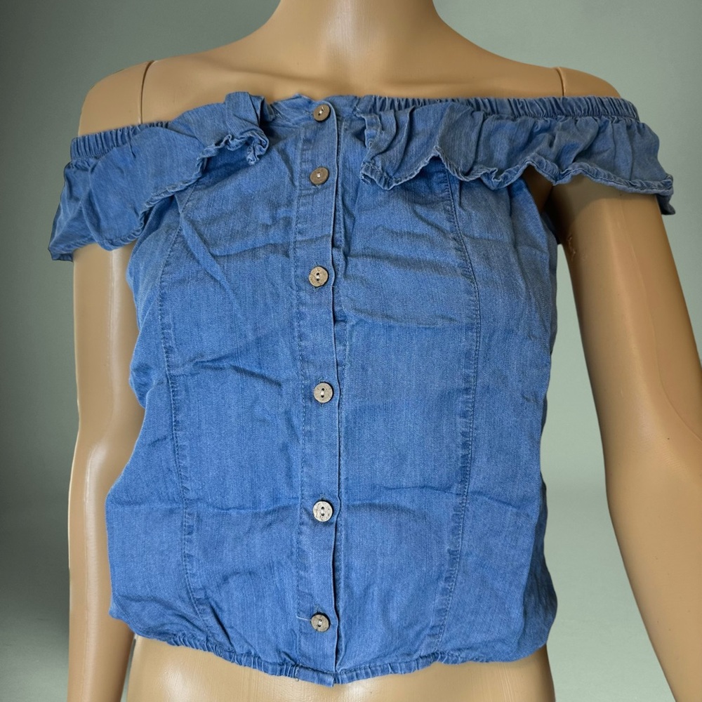 MTH Womens Top Crop Light blue Medium M Off Shoulder sleeveless Neck Ruffle